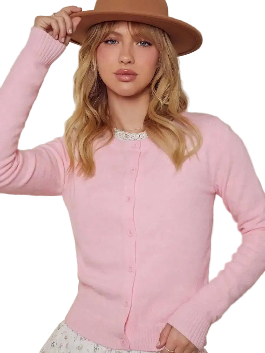 Women's Crew Neck Button Front Cardigan with Lightweight Everyday Knit Design