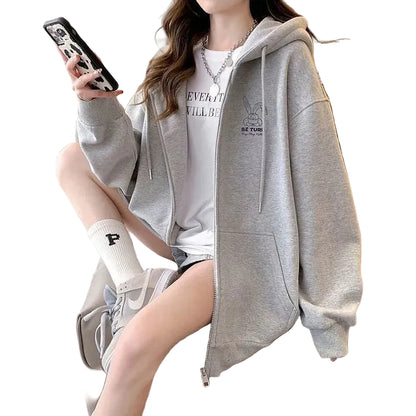Women's Oversized Zip-Up Hoodie with Minimal Typography Casual Streetwear Layering Style