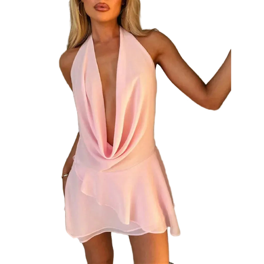Cowl Neck Halter Mesh Mini Dress with Open Back Y2K Party Styling