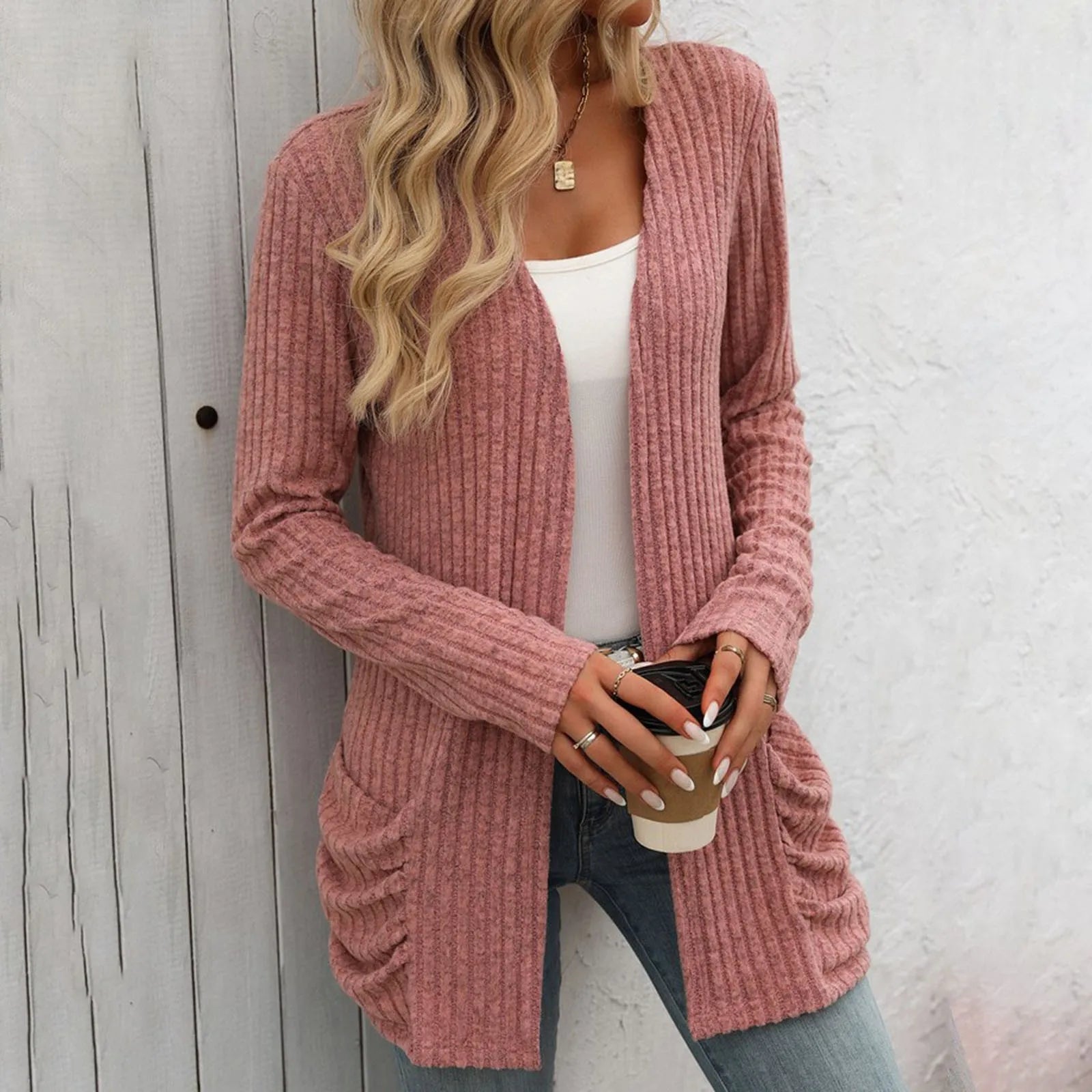 Women's Open Front Knit Cardigan with Pockets and Relaxed Longline Fit