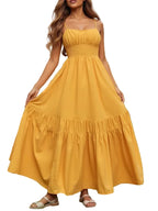 Vibrant Yellow Smocked Tiered Maxi Dress with Delicate Spaghetti Straps