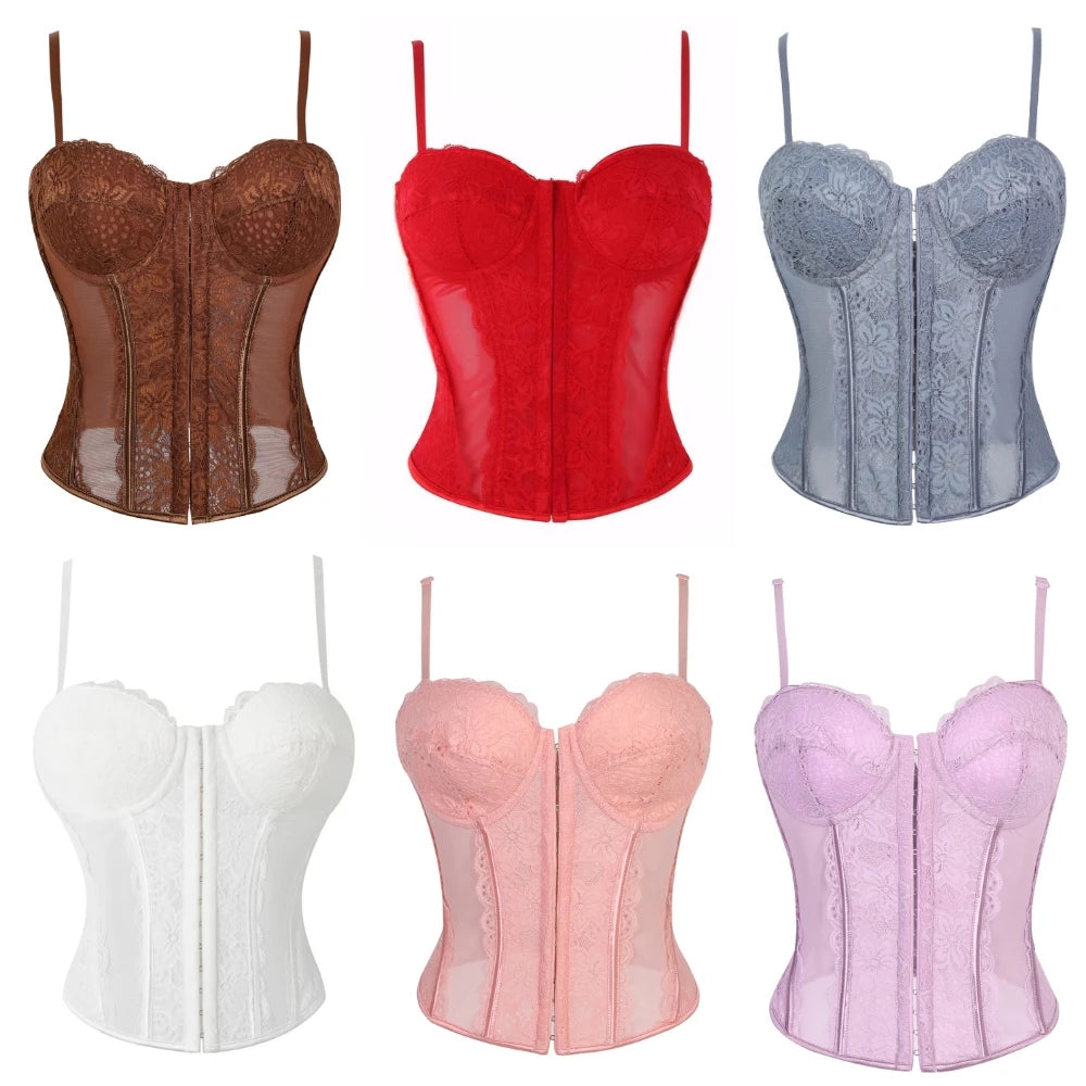 Crimson Red Lace and Sheer Mesh Bustier with Front Hook Closure
