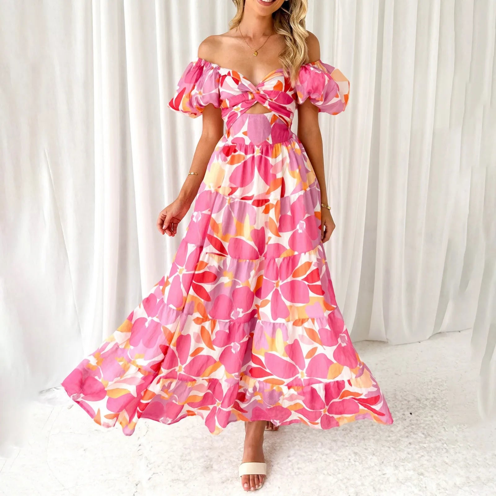 Floral Print Maxi Dress with Puff Sleeves and Waist Cutout Detail