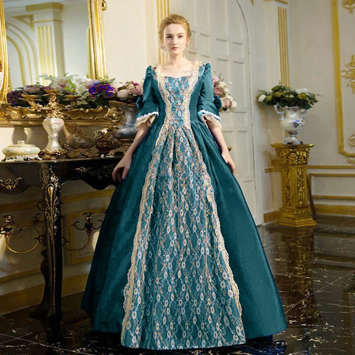 Dramatic Renaissance-Inspired Ball Gown with Ornate Brocade Panel and Flared Sleeves