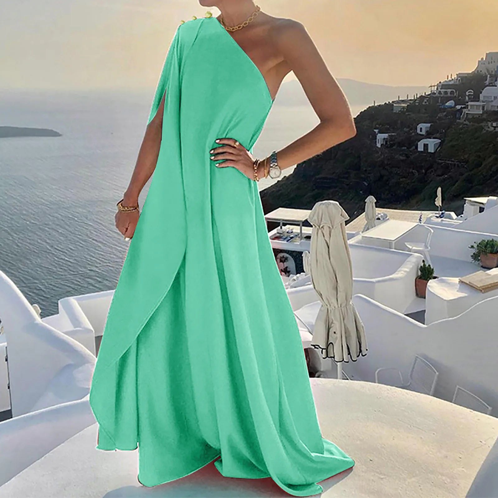 One Shoulder Pleated Maxi Dress with Relaxed Bohemian Silhouette