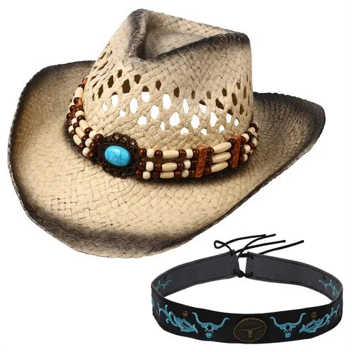 Wide Brim Straw Cowboy Hat with Decorative Band for Summer Outdoor and Festival Style