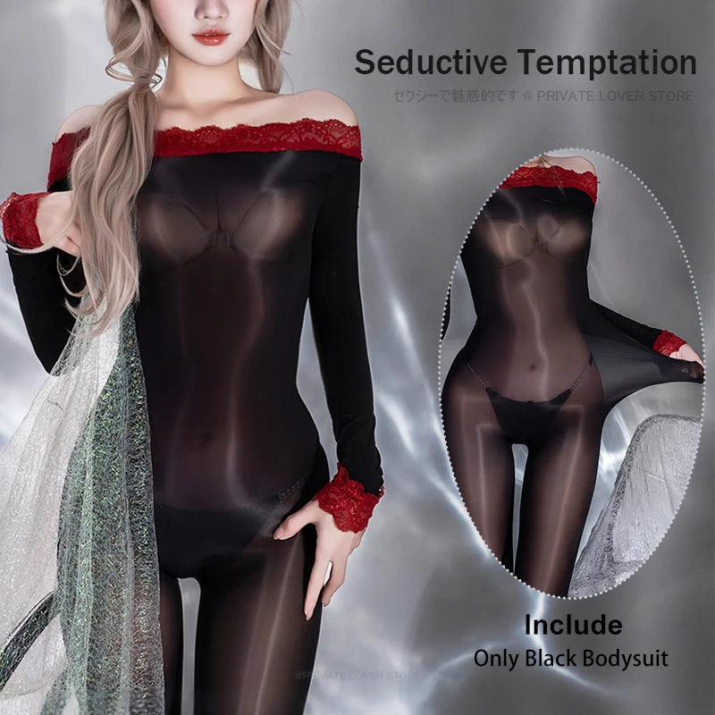 Sheer Black Long-Sleeve Bodysuit with Red Strappy Harness Detailing
