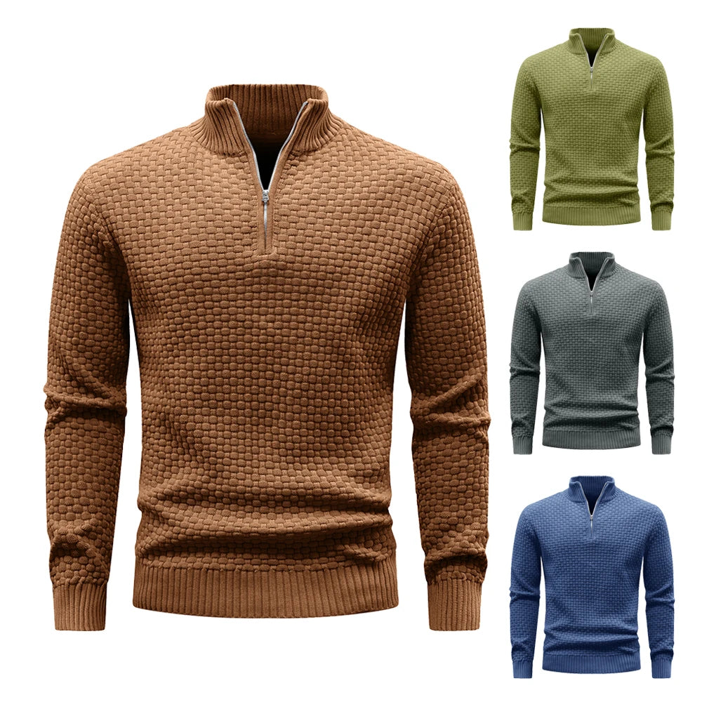 Men's Quarter Zip Mock Neck Textured Knit Casual Sweater Pullover