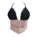 Romantic Blush Pink Satin Corset Top with Black Lace Cups and Front Zipper