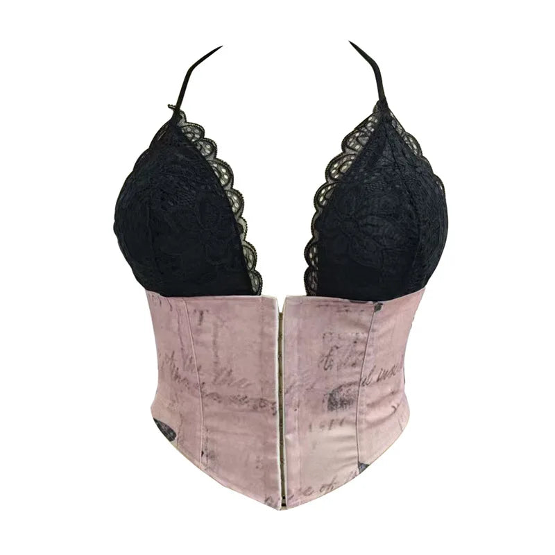 Romantic Blush Pink Satin Corset Top with Black Lace Cups and Front Zipper
