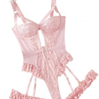 Pink Floral Lace Strappy Bodysuit with Ruffled Accents and Open Design
