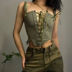 Elegant Beige Lace-Up Corset Top with Adjustable Tie-Shoulder Straps
