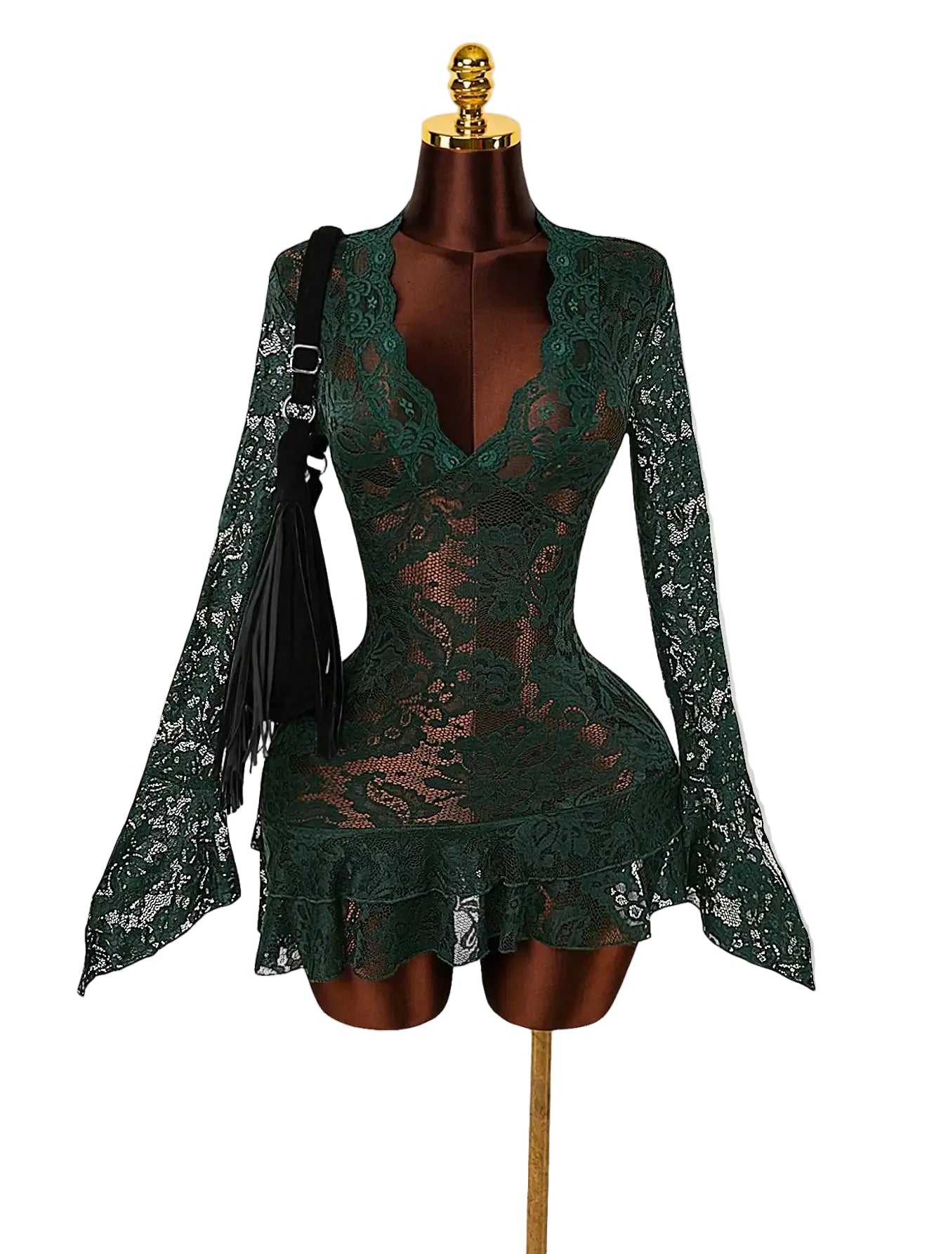 Sheer Lace Mini Dress with V-Neckline and Flared Sleeve Party Style