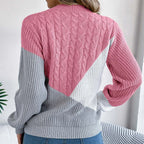Women's Color Block Cable Knit Relaxed Fit Contemporary Sweater Pullover
