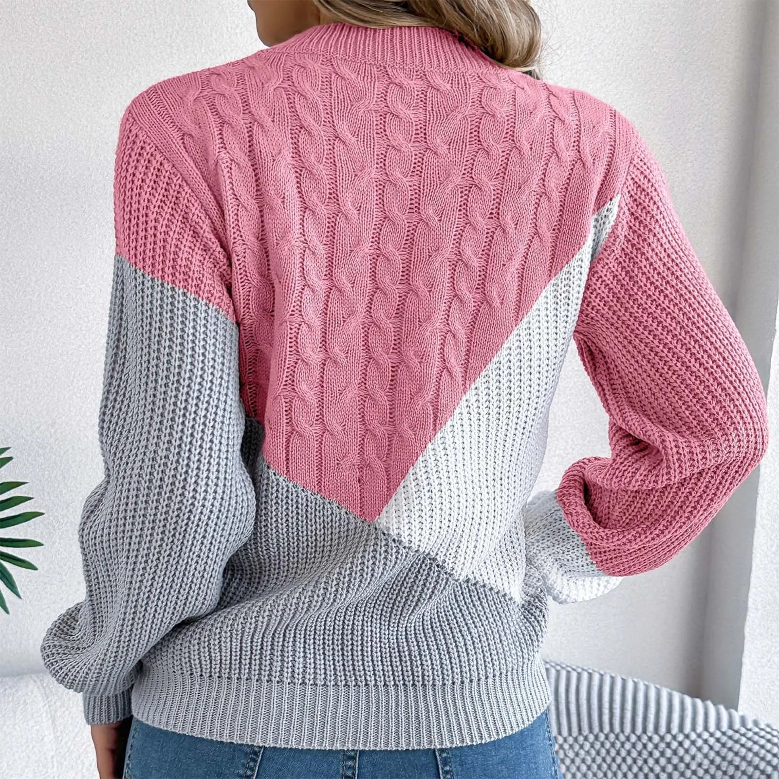 Women's Color Block Cable Knit Relaxed Fit Contemporary Sweater Pullover