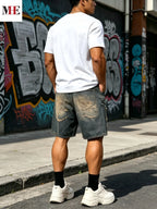 Men's Relaxed Knee Length Denim Shorts with Distressed Details and Utility Pocket Design