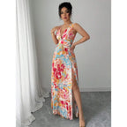 Vibrant Floral Pleated Maxi Dress with Deep V-Neck and Thigh-High Slit
