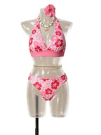 Vibrant Pink Floral Halter Bikini Set with Wide Banded Top