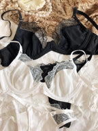 Rich Chocolate Satin and Black Lace Spliced Underwire Lingerie Set