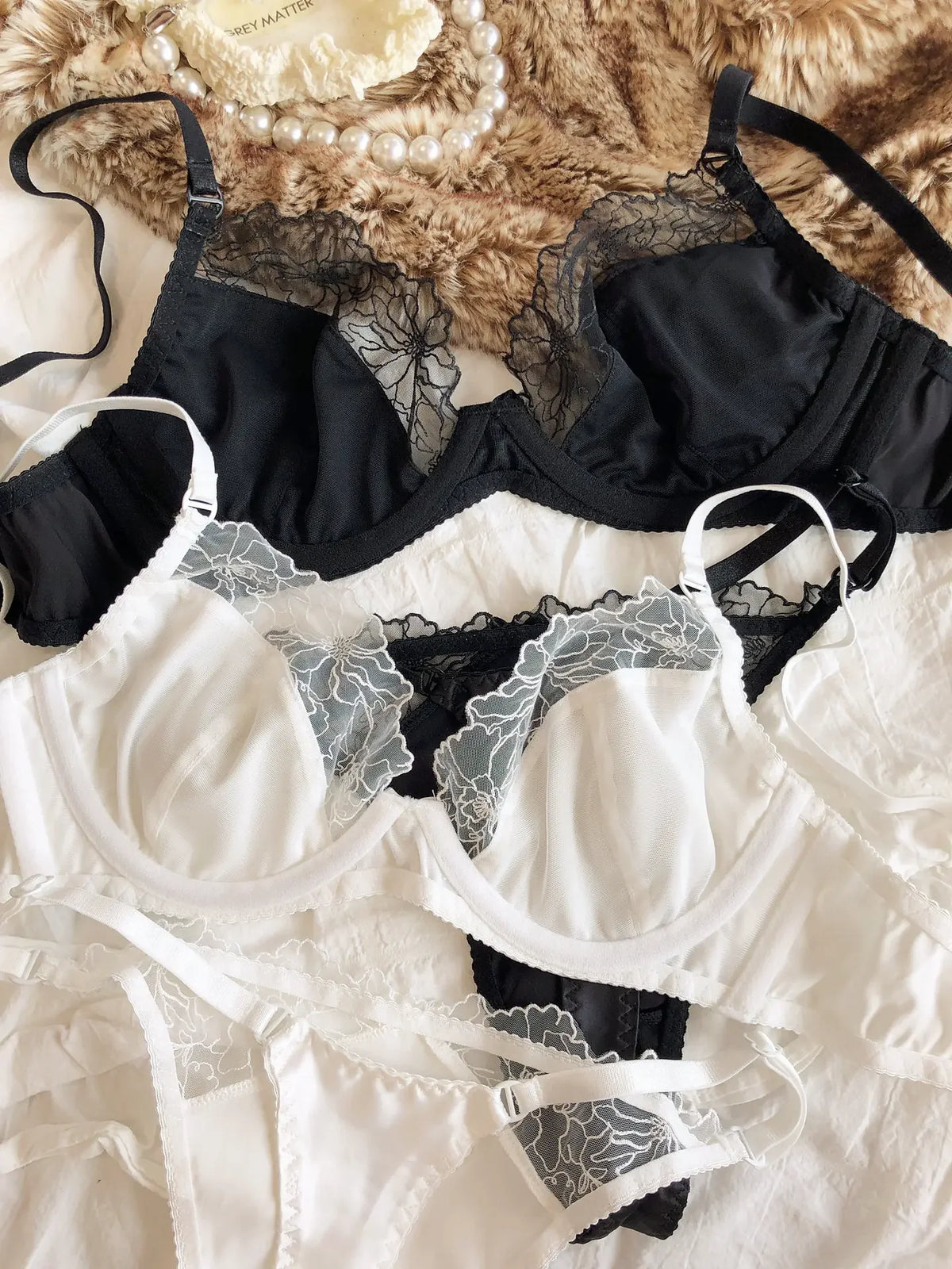 Rich Chocolate Satin and Black Lace Spliced Underwire Lingerie Set