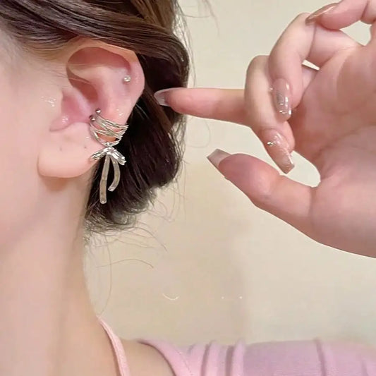Ribbon Cross Ear Cuff with Layered Hoops for Alternative Fashion