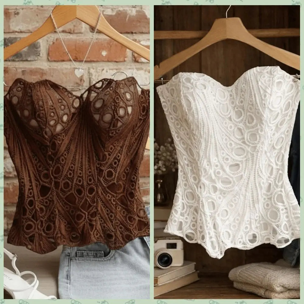 Intricate Brown Sheer Floral Lace Strapless Corset with Front Ribbon Tie