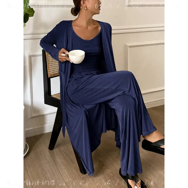 Women's Three-Piece Fall Pajama Set with Sleeveless Camisole, Long-Sleeve Robe and Matching Ankle-Length Pants