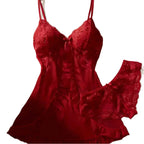 Deep Red Satin-Finish Chemise with Lace Neckline and Matching Ruffled Panty