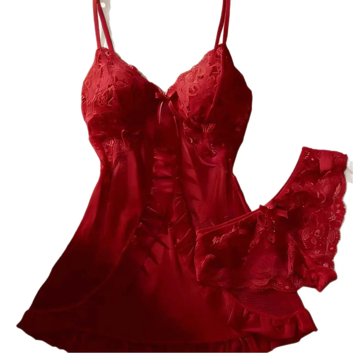 Deep Red Satin-Finish Chemise with Lace Neckline and Matching Ruffled Panty