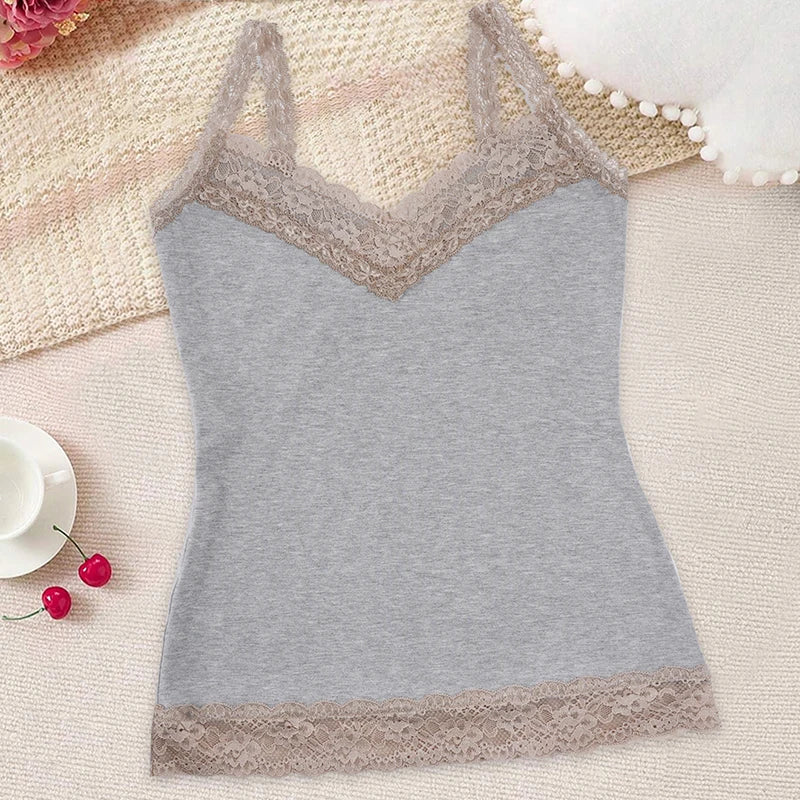 Lace Trim V-Neck Camisole Tank Top with Slim Fit Everyday Streetwear Styling