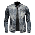 Vintage Wash Zip Front Denim Style Stand Collar Slim Fit Jacket