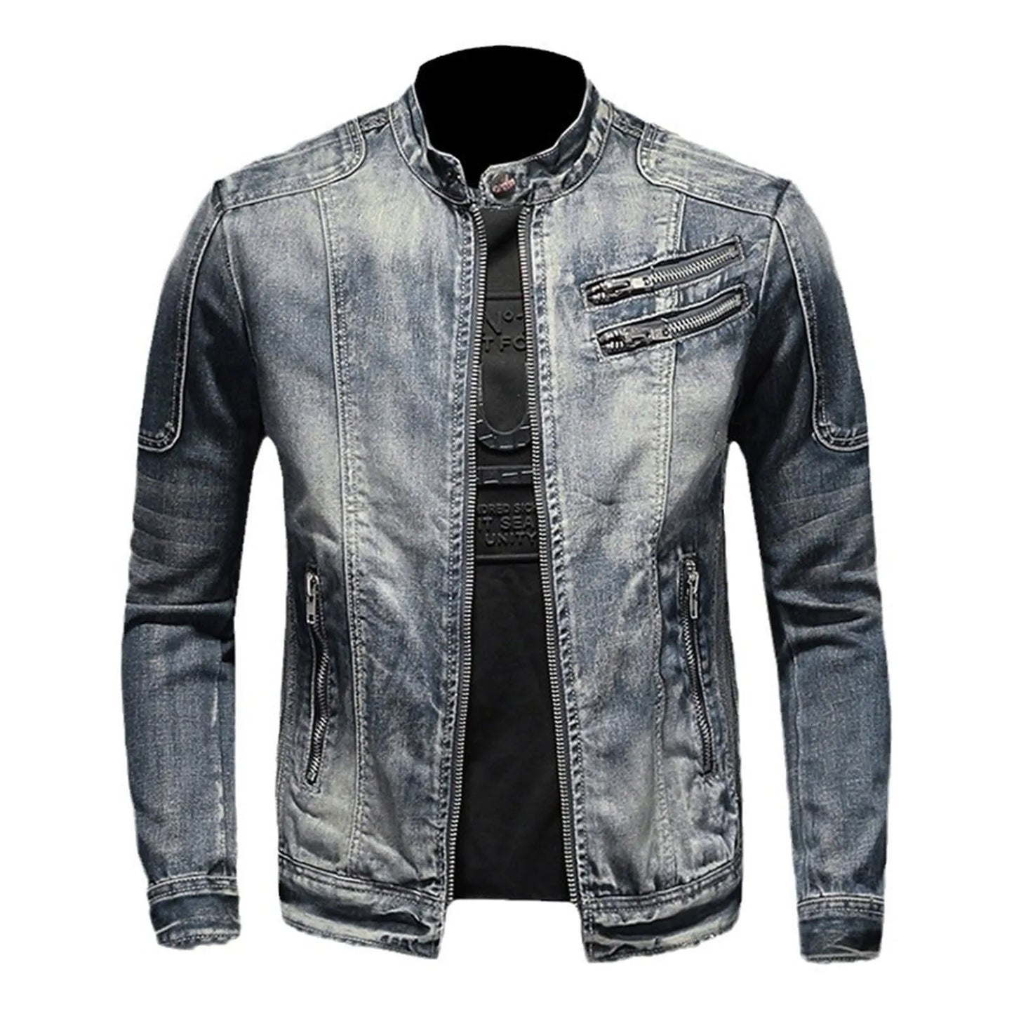 Vintage Wash Zip Front Denim Style Stand Collar Slim Fit Jacket