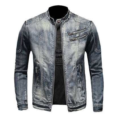 Vintage Wash Zip Front Denim Style Stand Collar Slim Fit Jacket