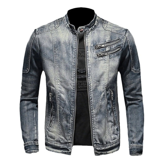 Vintage Wash Zip Front Denim Style Stand Collar Slim Fit Jacket