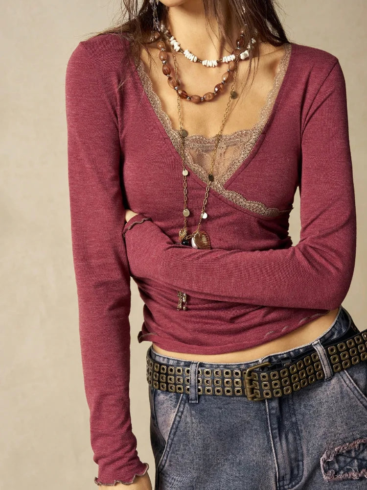 Lace Trim Wrap Crop Top with Deep Neckline and Layered Styling