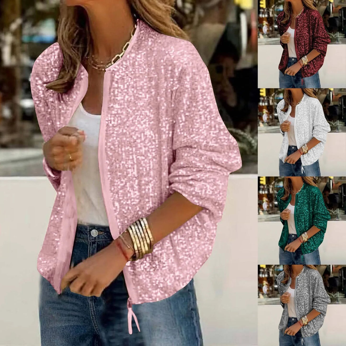 Women's Glitter Zip-Up Bomber Jacket with Relaxed Fit and Statement Evening Streetwear Style