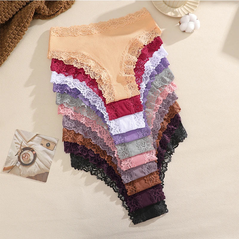 10-Piece Women’s Lace-Trimmed Mid-Rise Briefs Set with Ribbed-Look Texture and Assorted Feminine Colors