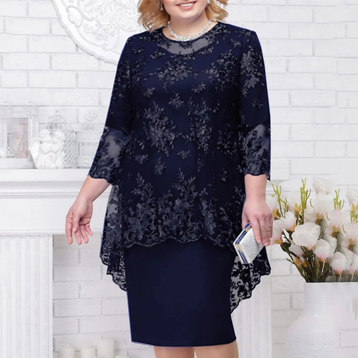 Elegant Floral Lace Overlay Alternative Occasion Midi Dress