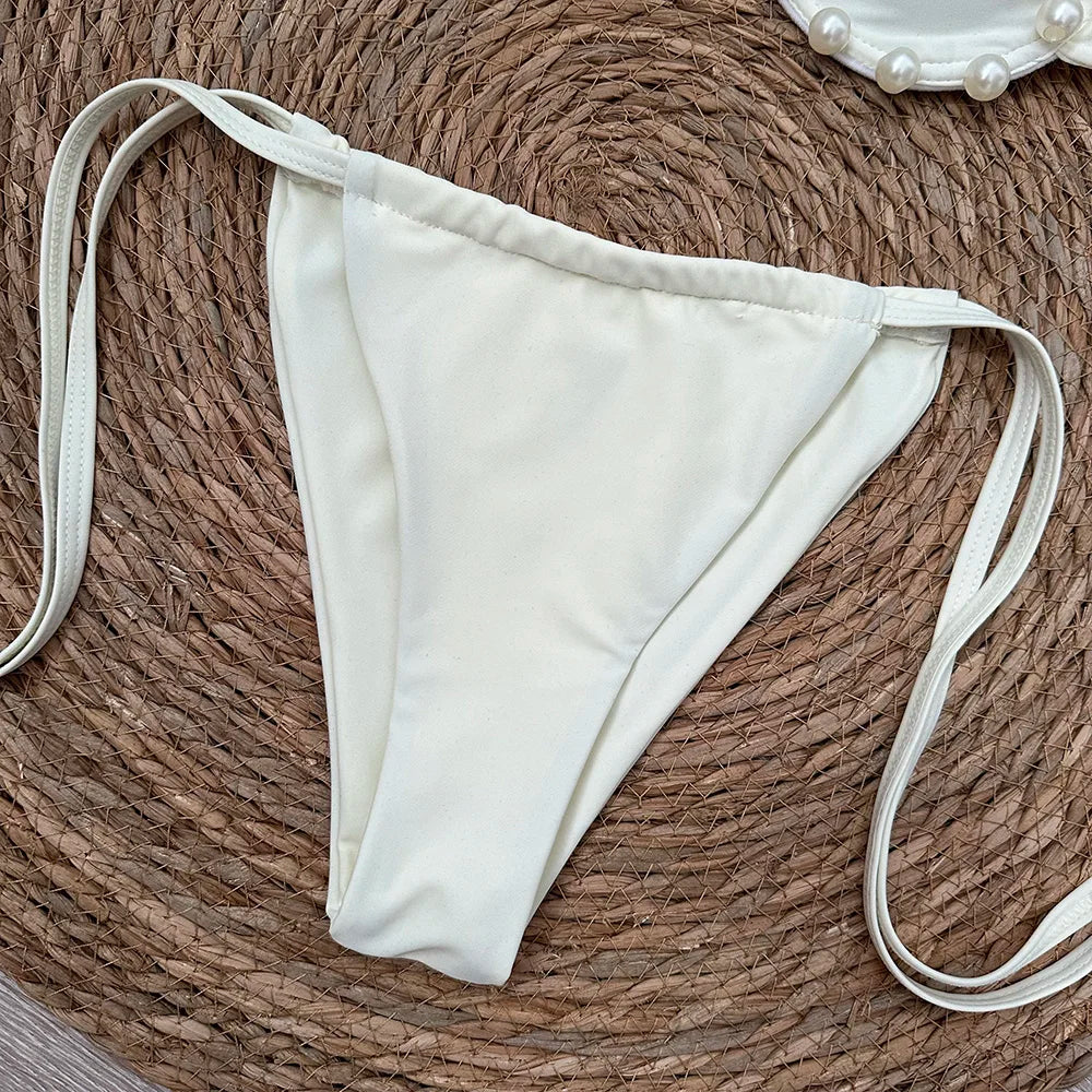 Cream Ruched Underwire-Style Bikini with Pearl-Inspired Embellishments and Tie-Side Bottoms