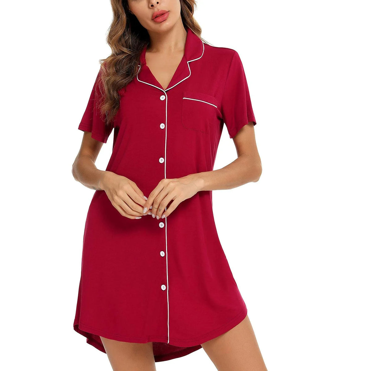 Women's Button-Down Mini Nightgown, Short-Sleeve Style with Soft Casual Silhouette, Solid-Color Sleep Shirt and Relaxed Homewear