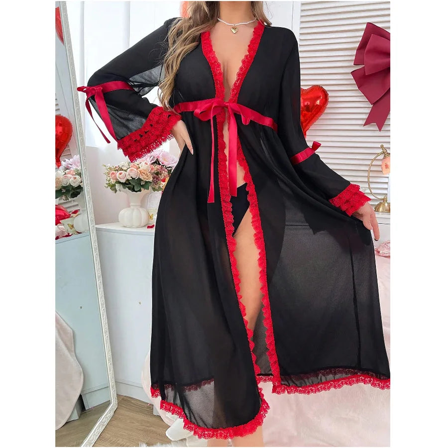 Dramatic Sheer Black Long Robe with Contrasting Red Ruffled Trim