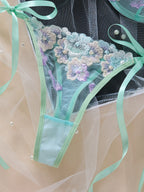 Ethereal Mint Green Underwire Bra and Tie-Side Panty Set with Lavender Embroidery
