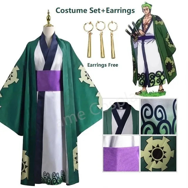Layered Green Kimono-Style Robe Set with Contrast Sash and Gold-Tone Earrings