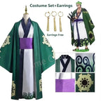 Layered Green Kimono-Style Robe Set with Contrast Sash and Gold-Tone Earrings