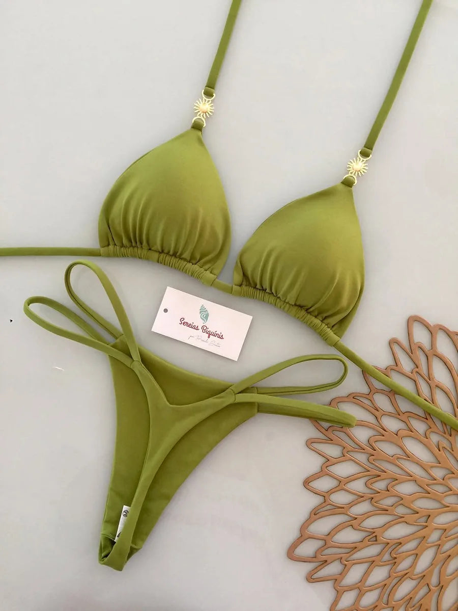 Rich Burgundy Triangle Bikini Set with Double-Strap Tie Details and Gold Accents