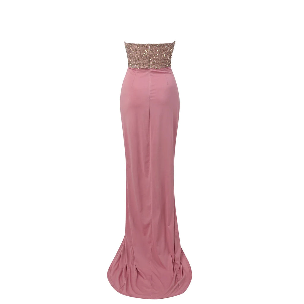 Textured Strapless Maxi Dress With High Slit And Sculpted Shape