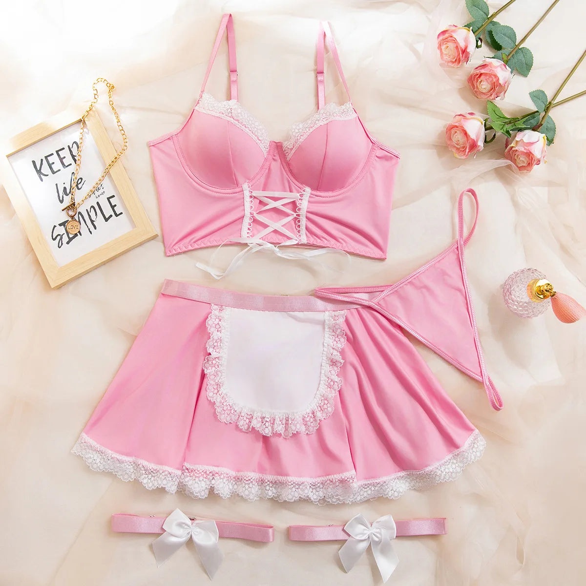 Playful Ruffled Satin-Finish Bralette and Skirt Set with Apron Detailing