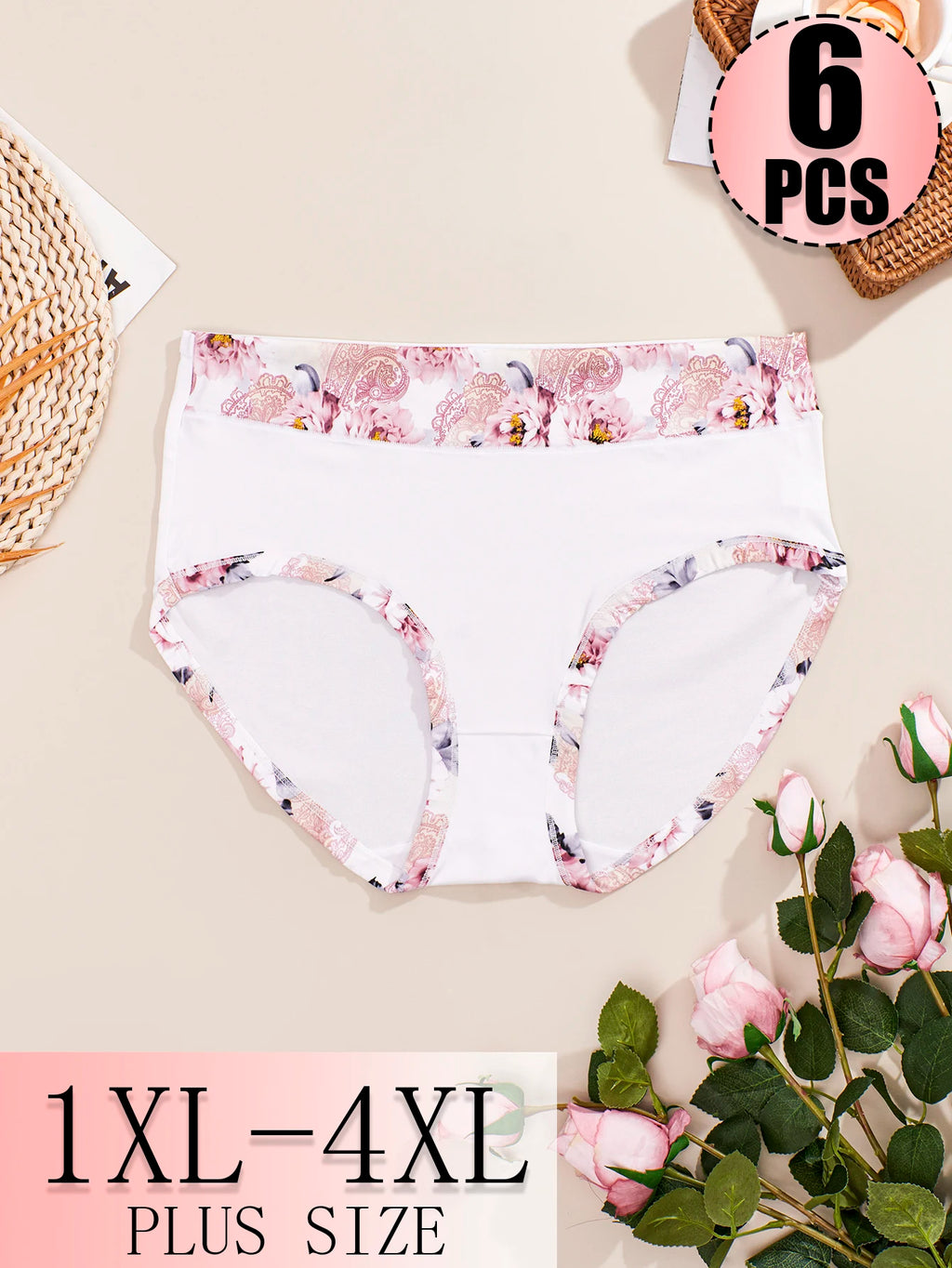 6-Piece Women’s Plus-Size High-Waisted Printed Panties Set with Feminine Floral Patterns and Classic Full Brief Silhouette