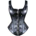 Faux Leather Overbust Harness Corset with Metallic Buckles and Zipper Detail