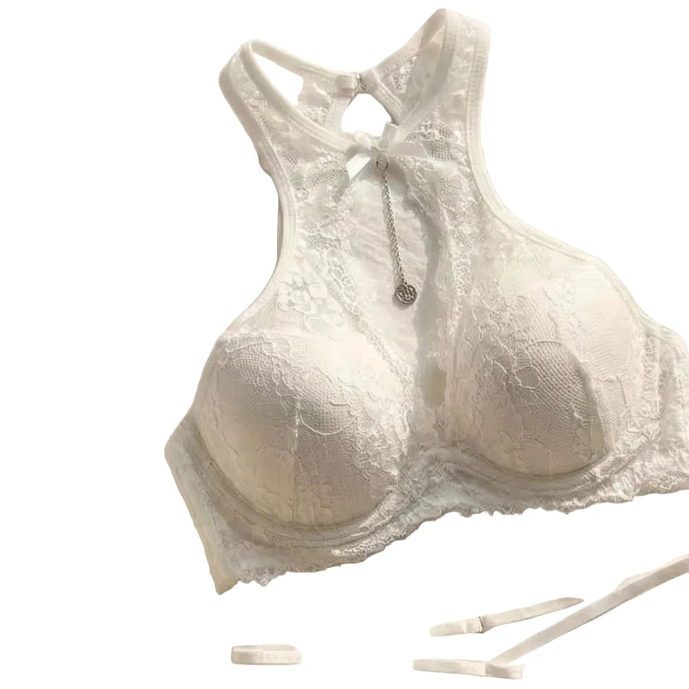 Crisp White Floral Lace High-Neck Halter Bralette and Panty Set